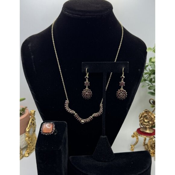Stunning VTG Sterling Silver Garnet & Agate Set Necklace Earrings Ring Circa 50s - Picture 2 of 16